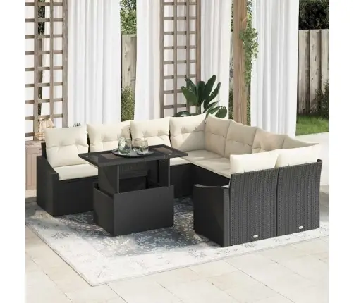 Sodo Sofų Rinkinys 9 Pcs Juoda Ir Kreminė Poliratanas