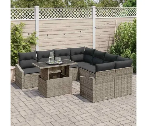 9 Daļu Dārza Dīvānu Komplekts Ar Spilveniem Pelēkā Poliratānā Vidaxl