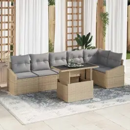 Dārza Dīvānu Komplekts Ar Spilvenu 7 Pcs Bēša Un Gaiši Pelēka Vidaxl