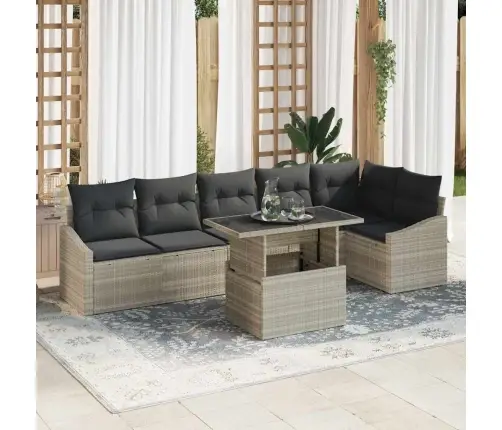 Sodo Sofų Rinkinys Su Pagalve 7 Pcs Šviesiai Pilka Poliratanas