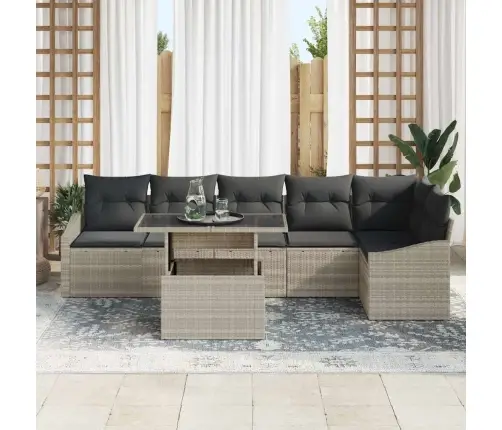 Sodo Sofų Rinkinys Su Pagalve 7 Pcs Šviesiai Pilka Poliratanas