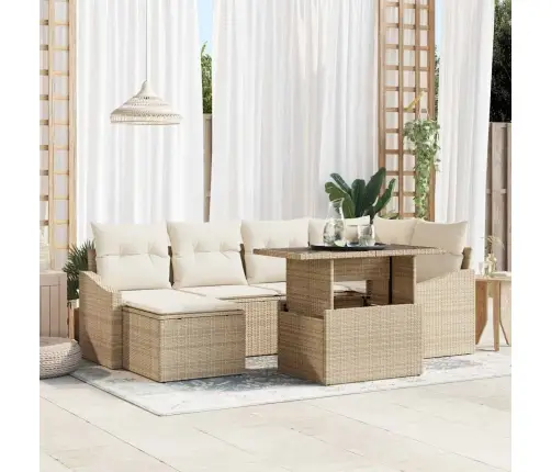 7 Daļu Dārza Dīvānu Komplekts Ar Bēšiem Spilveniem Poliratānā Vidaxl