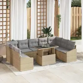 Dārza Dīvānu Komplekts Ar Spilvenu 10 Pcs Bēša Un Gaiši Pelēka Vidaxl