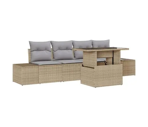 5 Daļīgais Dārza Dīvāna Komplekts Ar Spilveniem - Bēšs Poli Rattan Vidaxl