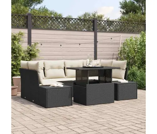 7 Daļīgu Dārza Dīvānu Komplekts Ar Spilveniem Melnā Polirattānā Vidaxl