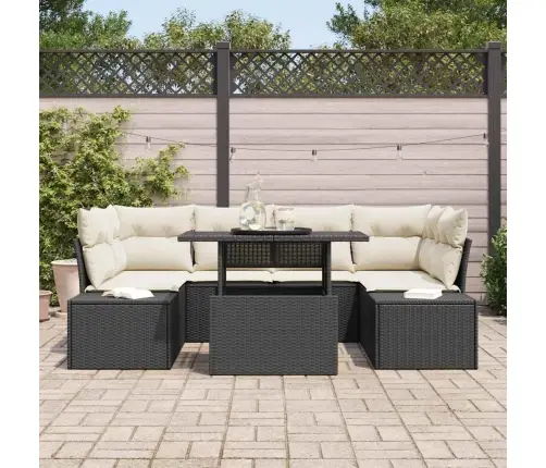 7 Daļīgu Dārza Dīvānu Komplekts Ar Spilveniem Melnā Polirattānā Vidaxl