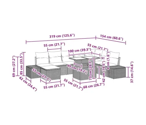 Aia Diivanikomplekt Padjaga 9 Pcs Beež Ja Heledhall Polürotang