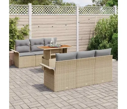 7 Daļu Dārza Dīvānu Komplekts Ar Spilveniem Bēšā Polyrattanā Un Akācijas Koka Vidaxl