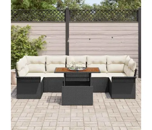 8 Daļīgu Dārza Dīvānu Komplekts Ar Spilveniem, Melns Polyrattan, Akācijas Vidaxl