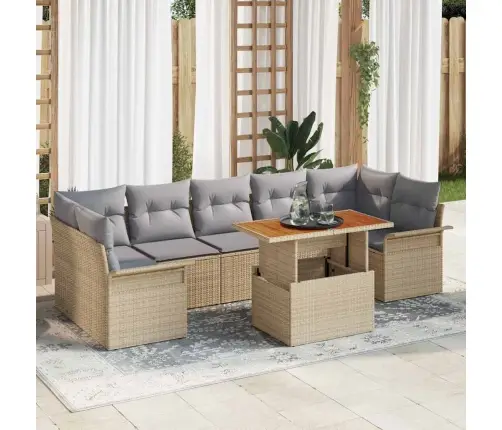 8 Daļu Dārza Dīvānu Komplekts Ar Spilveniem Bēšā Poliratonā Akācijas Krāsā Vidaxl