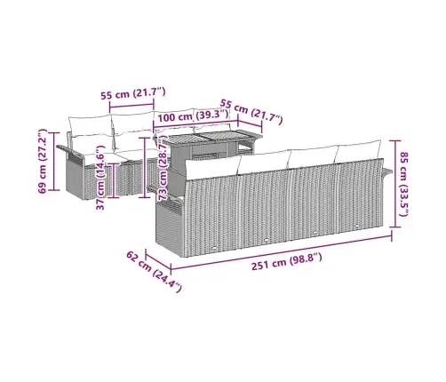 9 Daļu Dārza Dīvānu Komplekts Ar Spilveniem, Bēšs, Poli Ratanis, Akācija. Vidaxl