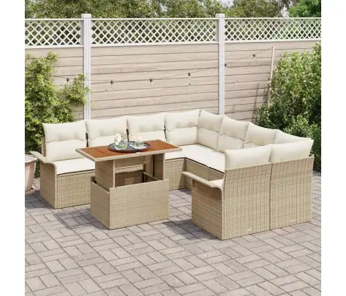 9 Daļu Dārza Dīvānu Komplekts Ar Spilveniem, Bēšs Poliratanis, Akācija Vidaxl