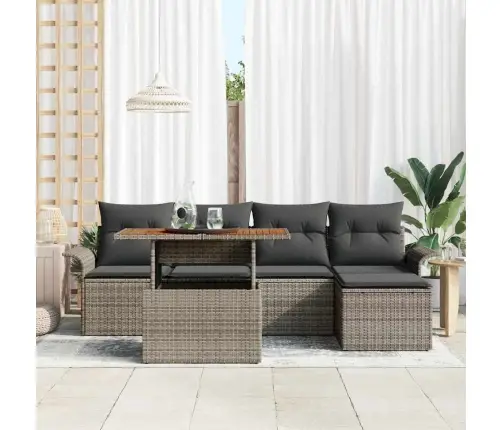 6 Gabalu Dārza Ēdamgalds Ar Spilveniem, Pelēks Polietilēna Ratans Un Akācija. Vidaxl