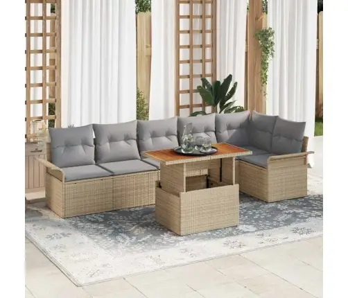 7 Daļu Dārza Pusdienu Komplekts Ar Spilveniem Bēšā Poliratānā Akācijas Vidaxl