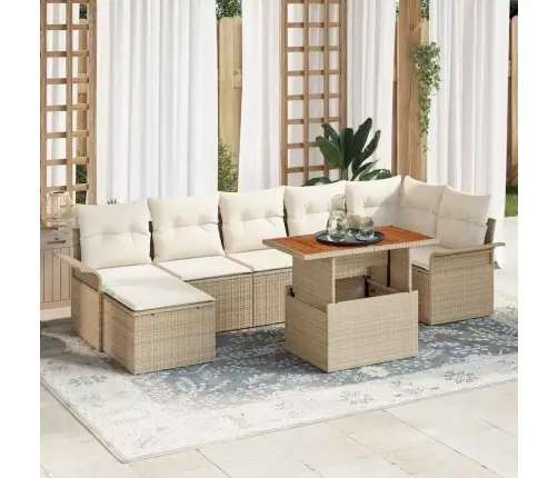 8 Gabalu Dārza Ēdamgalds Ar Spilveniem Bēšā Poli Rotangpalma Akācijas Vidaxl