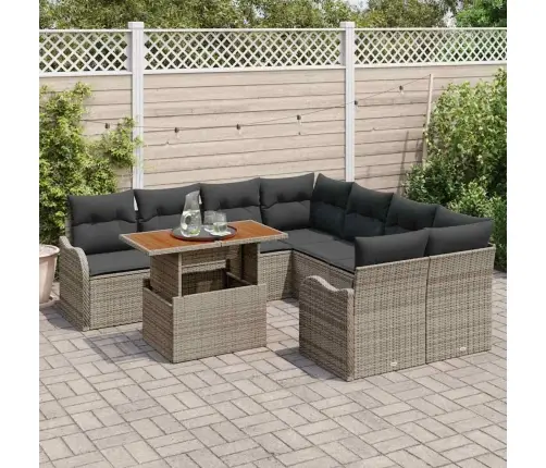 9 Daļu Dārza Dīvānu Komplekts Ar Spilveniem Pelēkā Poli Rotangpalmas Akācijas Vidaxl