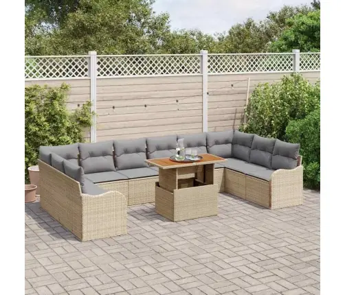 11 Daļu Dārza Dīvānu Komplekts Ar Spilveniem, Bēšs, Poli Rotangpalma, Akācija Vidaxl