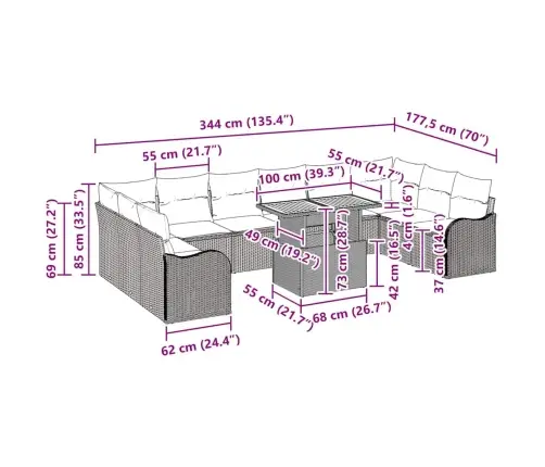 11 Gabalu Dārza Dīvānu Komplekts Ar Spilveniem - Bēšs Poli Rotangpalma Akācija Vidaxl