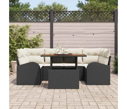 7 Gabalu Dārza Ēdamgalds Ar Spilveniem Melna Poli Rotangpalma Akācija Vidaxl