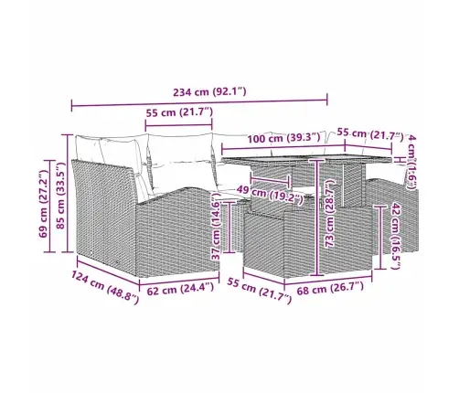 7 Gabalu Dārza Ēdamgalds Ar Spilveniem Bēšs Poli Rotangpalma Akācijas Vidaxl