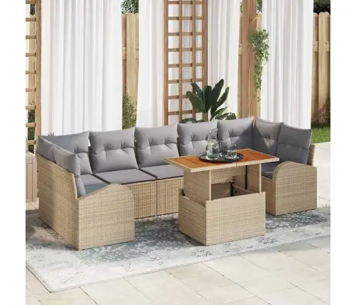 8 Daļu Dārza Ēdamgalds Ar Spilveniem Bēšs Poli Rotangpalma Akācija Vidaxl