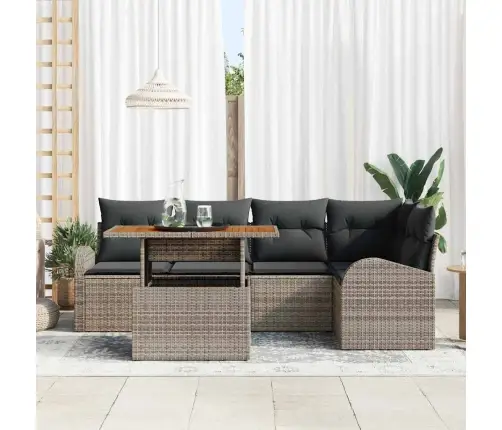 6 Daļu Dārza Ēdamgalds Ar Spilveniem Pelēks Poli Rattan Akācija Vidaxl