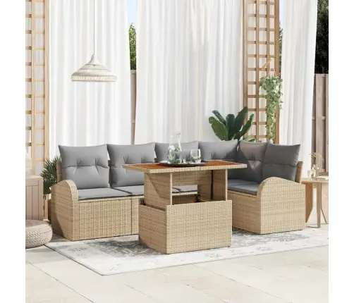 6 Gabalu Dārza Ēdamgalds Ar Spilveniem Bēšs Poliratanam Akācija Vidaxl