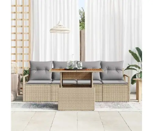 5 Gabalu Dārza Dīvānu Komplekts Ar Spilveniem, Bēšs, Poli Rotangpalma, Akācija Vidaxl