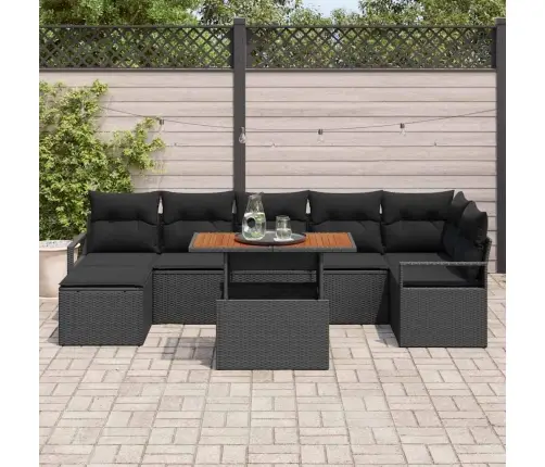 8 Daļu Dārza Dīvānu Komplekts Ar Spilveniem Melnā Polirotanā Un Akācijas Kokā Vidaxl
