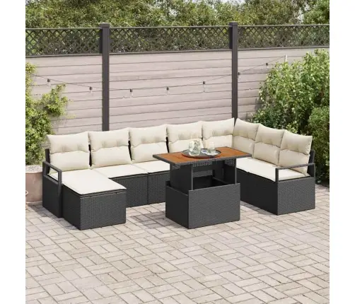 9 Daļu Dārza Dīvānu Komplekts Ar Spilveniem Melnā Poliratanā Un Akācijas Koks Vidaxl