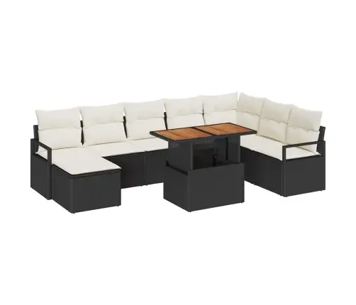 9 Daļu Dārza Dīvānu Komplekts Ar Spilveniem Melnā Poliratanā Un Akācijas Koks Vidaxl