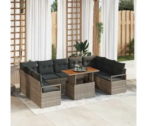 10 Daļu Dārza Dīvānu Komplekts Ar Spilveniem, Pelēkā Poliratanā, Akāciju Vidaxl