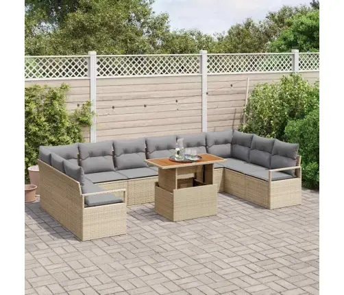 11 Gabalu Dārza Dīvānu Komplekts Ar Spilveniem, Bēšs, Poli Rattan, Akācija Vidaxl