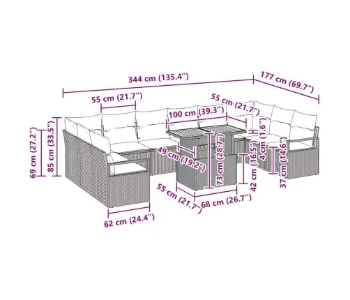 11 Gabalu Dārza Dīvānu Komplekts Ar Spilveniem - Bēšs, Poliestera Rattan, Akācija Vidaxl