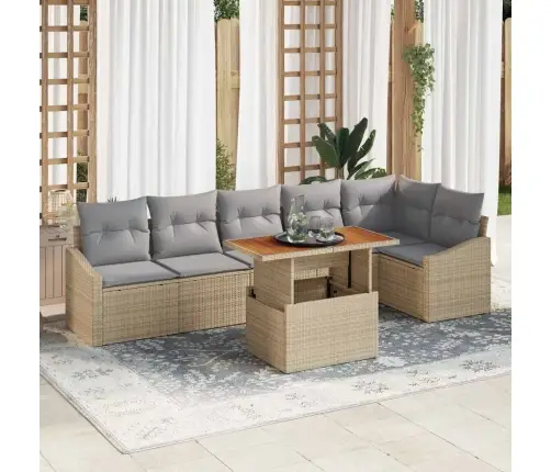 7 Daļu Dārza Galds Ar Spilveniem Bēšā Krāsā Poliratanā Un Akācijā. Vidaxl