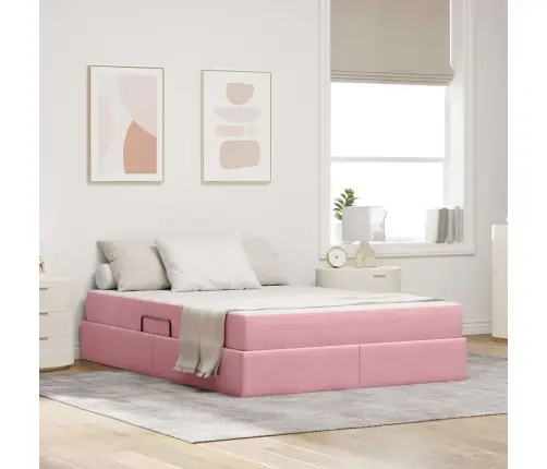 Voodi Hoiukohaga Ja Madratsiga Roosa 140 X 200 Cm Samet