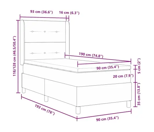 Kastītes Atsperu Gulta Ar Matraci Krēmkrāsa 90 X 190 Cm Audums Vidaxl