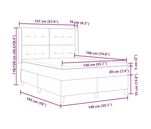 Kastītes Atsperu Gulta Ar Matraci Krēmkrāsa 140 X 190 Cm Audums Vidaxl
