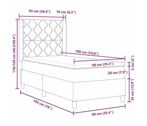 Kastītes Atsperu Gulta Ar Matraci Rozā 90 X 190 Cm Samts Vidaxl