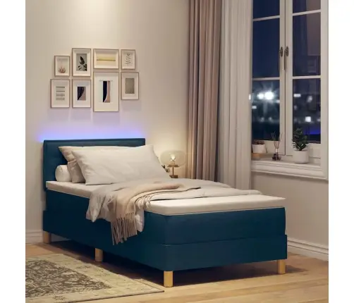 Led Box Spring Voodi Madratsiga Peaga Sinine 90 X 190 Cm Kangas