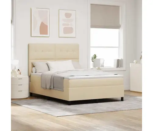 Kastītes Atsperu Gulta Ar Matraci Krēmkrāsa 140 X 190 Cm Audums Vidaxl