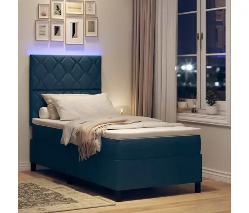 Box Spring Gulta Ar Matraci Un Led Gaismu Zilā Krāsā, 90 X 200 Cm Audums Vidaxl