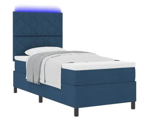 Box Spring Gulta Ar Matraci Un Led Gaismu Zilā Krāsā, 90 X 200 Cm Audums Vidaxl