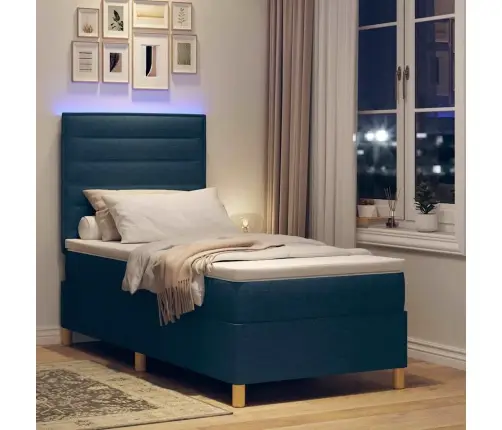 Led Box Spring Voodi Madratsiga Peaga Sinine 80 X 200 Cm Kangas