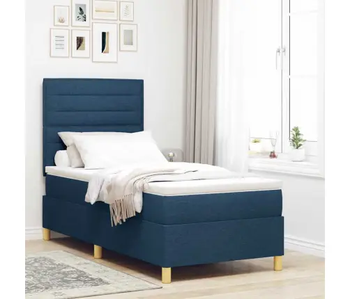 Led Box Spring Voodi Madratsiga Peaga Sinine 80 X 200 Cm Kangas