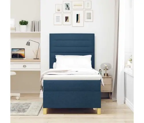 Led Box Spring Voodi Madratsiga Peaga Sinine 80 X 200 Cm Kangas