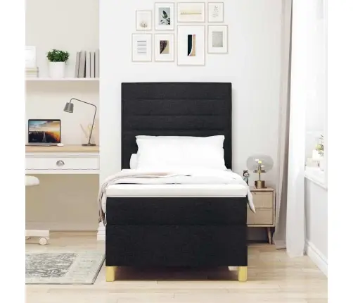 Led Box Spring Voodi Madratsiga Peaga Must 90 X 200 Cm Kangas