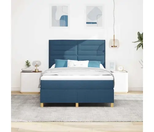 Led Box Spring Voodi Madratsiga Sinine 140 X 190 Cm Kangas