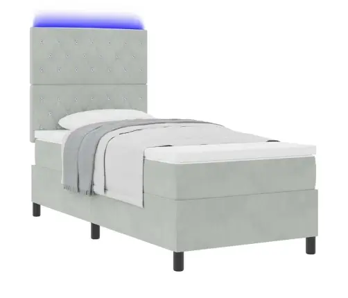 Gultas Atsperes Gulta Ar Matraču Un Led Gaismu Gaiši Pelēka 100X200 Cm Samts Vidaxl