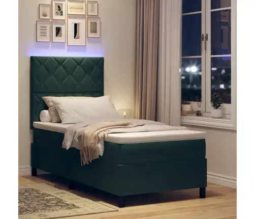 Kastītes Atsperu Gulta Ar Matraci Tumši Zaļš 90 X 190 Cm Samts Vidaxl